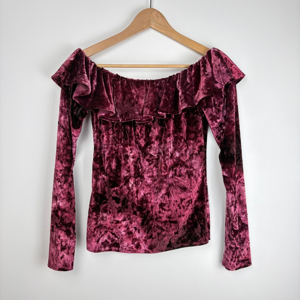 PERSAYA Women Crushed Velvet Off Shoulder Top Sz S Burgundy Ruffle Coquette Vamp